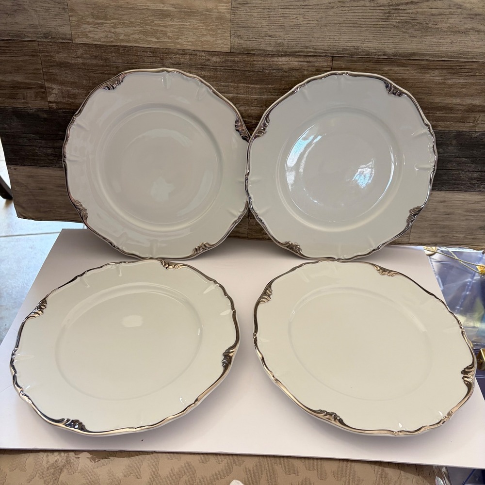 Edelstein Bavaria Sheridan Dinner Plates Set of 4 Silver Trim Scalloped 19639